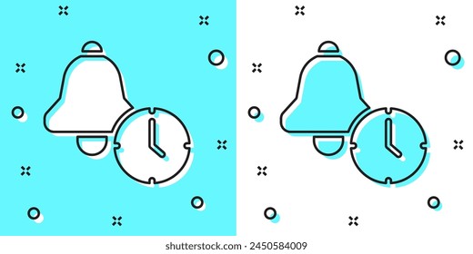 Línea negra Icono del reloj de alarma aislado sobre fondo verde y blanco. Despierta, despierta concepto. Señal de tiempo. Formas dinámicas aleatorias. Vector