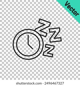 Black line Alarm clock icon isolated on transparent background. Wake up, get up concept. Time sign.  Vector