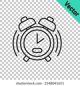 Linha preta Ícone do relógio despertador isolado no fundo transparente. Acorde, levante o conceito. Sinal de tempo.  Vetor