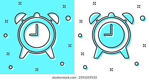 Black line Alarm clock icon isolated on green and white background. Wake up, get up concept. Time sign. Random dynamic shapes. Vector