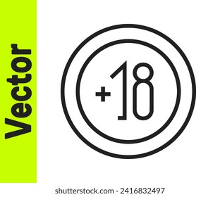 Línea negra Alcohol 18 más icono aislado en fondo blanco. Prohibición de bebidas alcohólicas.  Ilustración vectorial