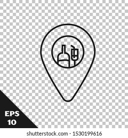Black line Alcohol or beer bar location icon isolated on transparent background. Symbol of drinking, pub, club, bar.  Vector Illustration