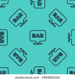 Black line Alcohol or beer bar location icon isolated seamless pattern on green background. Symbol of drinking, pub, club, bar.  Vector