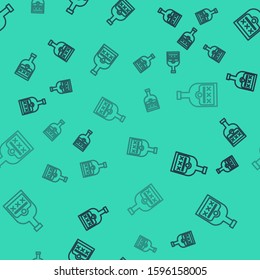 Black line Alcohol drink Rum bottle icon isolated seamless pattern on green background.  Vector Illustration