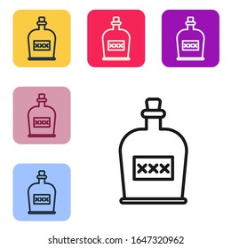 Línea negra Bebida Alcohol Icono de botella de ron aislado sobre fondo blanco. Establecer iconos en botones cuadrados de color.  Ilustración vectorial
