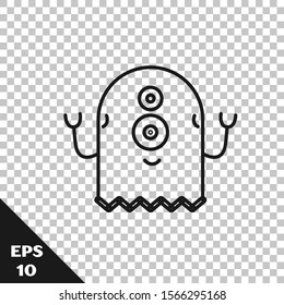 Black line Alien icon isolated on transparent background. Extraterrestrial alien face or head symbol.  Vector Illustration