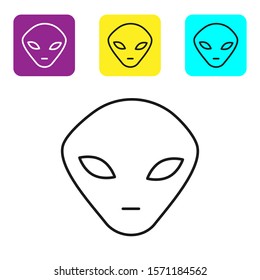 Black line Alien icon isolated on white background. Extraterrestrial alien face or head symbol. Set icons colorful square buttons. Vector Illustration