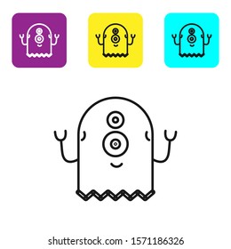 Black line Alien icon isolated on white background. Extraterrestrial alien face or head symbol. Set icons colorful square buttons. Vector Illustration