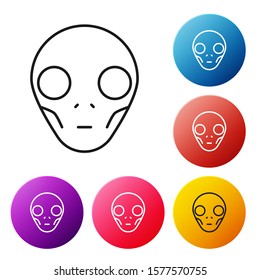Black line Alien icon isolated on white background. Extraterrestrial alien face or head symbol. Set icons colorful circle buttons. Vector Illustration