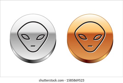 Black line Alien icon isolated on white background. Extraterrestrial alien face or head symbol. Silver-gold circle button. Vector Illustration