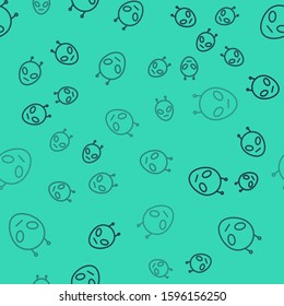Black line Alien icon isolated seamless pattern on green background. Extraterrestrial alien face or head symbol.  Vector Illustration