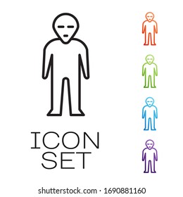 Black line Alien icon isolated on white background. Extraterrestrial alien face or head symbol. Set icons colorful. Vector Illustration