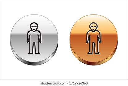 Black line Alien icon isolated on white background. Extraterrestrial alien face or head symbol. Silver-gold circle button. Vector Illustration