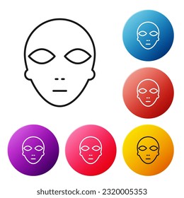 Black line Alien icon isolated on white background. Extraterrestrial alien face or head symbol. Set icons colorful circle buttons. Vector Illustration