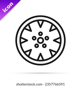 Black line Alloy wheel for a car icon isolated on white background.  Vector