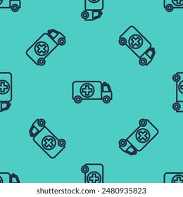 Black line Ambulance and emergency car icon isolated seamless pattern on green background. Ambulance vehicle medical evacuation.  Vector Illustration