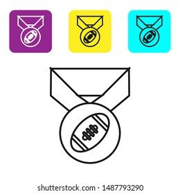 Black line American Football ball with medal icon isolated on white background. Set icons colorful square buttons. Vector Illustration