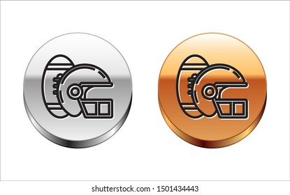 Black line American Football ball and helmet icon isolated on white background. Set of sport equipment. Silver-gold circle button. Vector Illustration