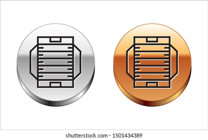 Black line American football field icon isolated on white background. Silver-gold circle button. Vector Illustration