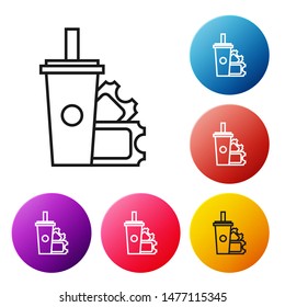Black line American Football ticket and paper glass soda with drinking straw icon isolated on white background. Set icons colorful circle buttons. Vector Illustration