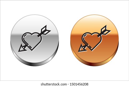 Black line Amour symbol with heart and arrow icon isolated on white background. Love sign. Valentines symbol. Silver-gold circle button. Vector Illustration