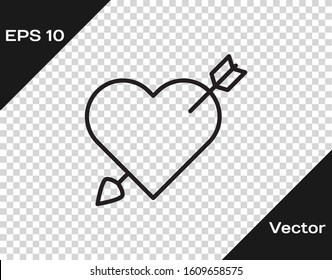 Black line Amour symbol with heart and arrow icon isolated on transparent background. Love sign. Valentines symbol.  Vector Illustration