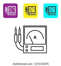 Black line Ampere meter, multimeter, voltmeter icon isolated on white background. Instruments for measurement of electric current. Set icons colorful square buttons. Vector Illustration