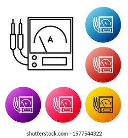 Black line Ampere meter, multimeter, voltmeter icon isolated on white background. Instruments for measurement of electric current. Set icons colorful circle buttons. Vector Illustration