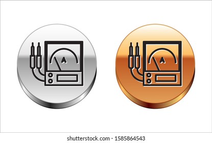 Black line Ampere meter, multimeter, voltmeter icon isolated on white background. Instruments for measurement of electric current. Silver-gold circle button. Vector Illustration