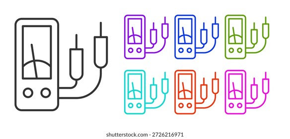 Schwarze Linie Amperemeter, Multimeter, Voltmetersymbol einzeln auf weißem Hintergrund. Messgeräte für elektrischen Strom. Setzen Sie die Symbole bunt. Vektorgrafik