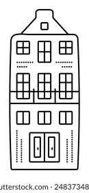 Black line Amsterdam сanal house, dutch architecture. Cute single monochrome Netherlands building, preppy doodle, vector illustration