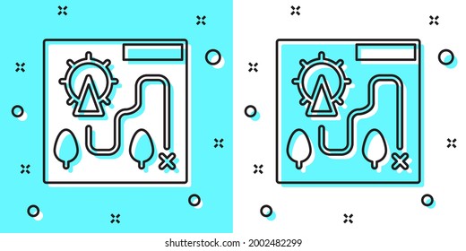 Black line Amusement park map icon isolated on green and white background. Entertainment in vacation. Random dynamic shapes. Vector