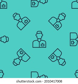 Black line Analyst engineer icon isolated seamless pattern on green background.  Vector