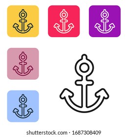 Black line Anchor icon isolated on white background. Set icons in color square buttons. Vector Illustration