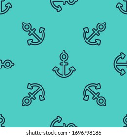 Black line Anchor icon isolated seamless pattern on green background.  Vector Illustration