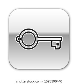 Black line Ancient key for game icon isolated on white background. Silver square button. Vector Illustration