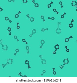 Black line Ancient key for game icon isolated seamless pattern on green background.  Vector Illustration