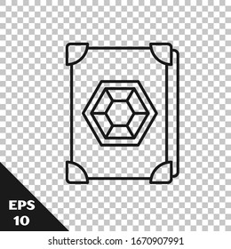 Black line Ancient magic book with alchemy recipes and mystic spells and enchantments icon isolated on transparent background.  Vector Illustration