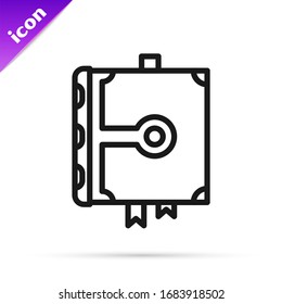Black line Ancient magic book with alchemy recipes and mystic spells and enchantments icon isolated on white background.  Vector Illustration