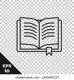 Black line Ancient magic book with alchemy recipes and mystic spells and enchantments icon isolated on transparent background.  Vector Illustration