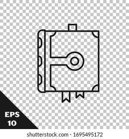 Black line Ancient magic book with alchemy recipes and mystic spells and enchantments icon isolated on transparent background.  Vector Illustration