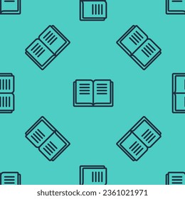 Black line Ancient magic book with alchemy recipes and mystic spells and enchantments icon isolated seamless pattern on green background.  Vector