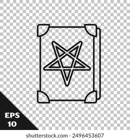 Black line Ancient magic book with alchemy recipes and mystic spells and enchantments icon isolated on transparent background.  Vector Illustration