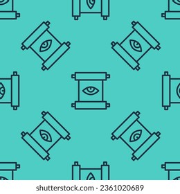 Black line Ancient magic scroll with alchemy recipes and mystic spells and enchantments icon isolated seamless pattern on green background.  Vector