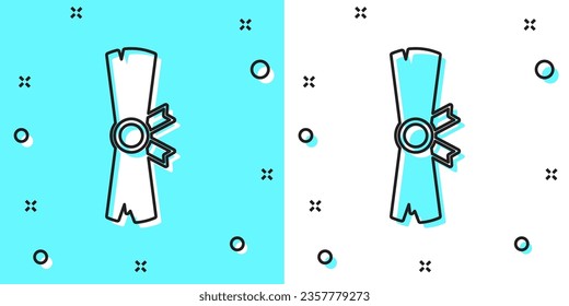 Línea negra Icono de desplazamiento del papiro antiguo aislado sobre fondo verde y blanco. Papel pergamino. Símbolo egipcio antiguo. Formas dinámicas aleatorias. Vector