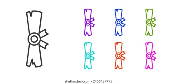 Black line Ancient papyrus scroll icon isolated on white background. Parchment paper. Ancient Egypt symbol. Set icons colorful. Vector
