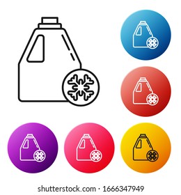 Black line Antifreeze canister icon isolated on white background. Auto service. Car repair. Set icons colorful circle buttons. Vector Illustration