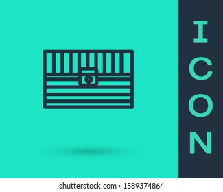 Black line Antique treasure chest icon isolated on green background. Vintage wooden chest with golden coin.  Vector Illustration