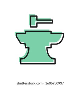 Black line Anvil for blacksmithing and hammer icon isolated on white background. Metal forging. Forge tool.  Vector Illustration