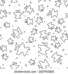 Black line Anvil for blacksmithing and hammer icon isolated seamless pattern on white background. Metal forging. Forge tool.  Vector Illustration